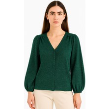 Lupinn Moda Simli Dokulu Balon Kollu Kadın Yeşil Bluz - Günlük & Şık Kombinler Için Modern Tasarım
