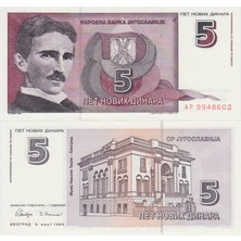 Banknoting Yugoslavya Federal Cumhuriyeti (Sırbistan-Karadağ) 5 Dinar 1994 Nikola Tesla Büstlü. Çil Kondisyon.