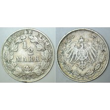 Banknoting Almanya Gümüş 1/2 Mark 1908 J Nadir Harf ve Tarih. Kayzer Iı. Wilhelm Dönemi.