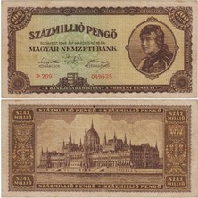 Banknoting Macaristan 100 Milyon Pengö 1946. Ikinci Dünya Savaşı Sonrası Hiperenflasyon Dönemi Parası. Çok Temiz Kondisyon.