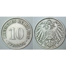 Banknoting Almanya Imparatorluğu 10 Pfennıg 1910 F Nadir Harf ve Tarih. Reıchspfennıg. Iı. Wılhelm Dönemi.