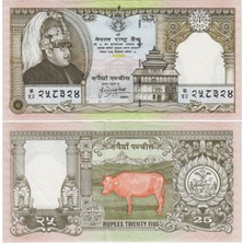 Banknoting Nepal 25 Rupi 1997 Hatıra. Kral Birendra'nın Tahta Çıkışının 25. Yılı Anısına. Çilaltı Kondisyon.