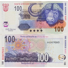Banknoting Güney Afrika Cumhuriyeti 100 Rand 2009 Bufalo ve Zebra Temalı. Çilaltı Kondisyon.