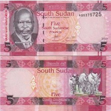 Banknoting Güney Sudan 5 Pound 2015 Çil Kondisyon.