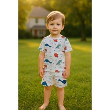 Erkek Çocuk %100 Pamuk Renkli Dinazor  Şortlu Pijama  Takımı (3-4 Yaş 8-9 Yaş)