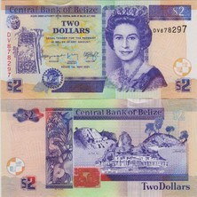 Banknoting Belize 2 Dolar 1 Mayıs 2021. Maya Medeniyeti Temalı. Kraliçe Iı. Elizabeth. Çil Kondisyon.