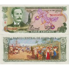 Banknoting Kosta Rika 5 Kolon 1989. Tablo Güzelliğinde Para. Çil Kondisyon.