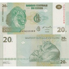 Banknoting Kongo 20 Frank 2003 Aslan Temalı. Çil Kondisyon.