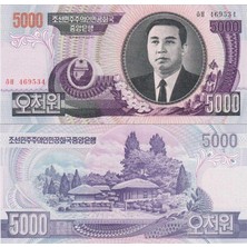 Banknoting Kuzey Kore 5000 Won 2006 Kim Il Sung Görselli Aksesuar Çil Kondisyonda