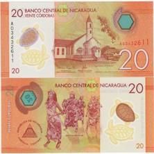 Banknoting Nikaragua 20 Kordoba 2014 Polimer (Plastik) Para. Çil Kondisyon.