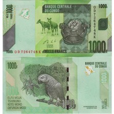 Banknoting Kongo 1000 Frank 2013 Papağan Temalı. Çil Kondisyon.