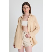 Bej Oversize %100 Pamuk Müslin Gömlek 4786A