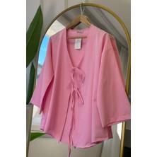 İmaj Butik Pembe Renkli Ön Bağlamalı Kimono Kadın Dokuma Kumaş ile Şıklığı Yakalayın