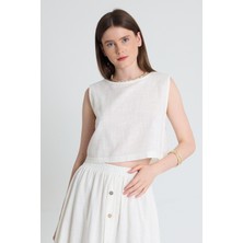 Beyaz Keten Görünümlü %100 Pamuk Kolsuz Crop Bluz 3419-1