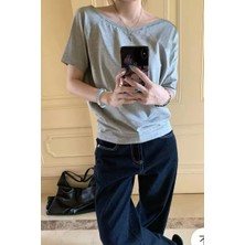 Gri Melanj Basic Düşük Omuz Kısa Kol T-Shirt