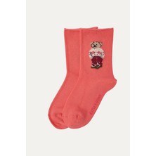 Katia & Bony Kız Çocuk Teddy Desenli Lastiksiz Modal Soket Çorap Koyu Pembe