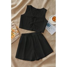 Kadın Siyah Fitilli Şortlu Bağlamalı Takım