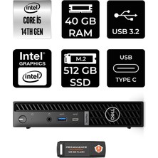 Dell Optiplex 7020MFF Intel Core I5 14500T 40GB 512GB SSD Windows 11 Pro Mini Masaüstü Bilgisayar & Per4 USB Bellek N012O7020MFFP402