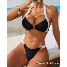 Black & Whıte Tasarım Gold Aksesuarlı Özel Kesim Boyun Bağlamalı Luxury Bikini Seti