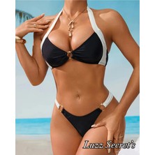 Black & Whıte Tasarım Gold Aksesuarlı Özel Kesim Boyun Bağlamalı Luxury Bikini Seti