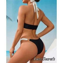 Black & Whıte Tasarım Gold Aksesuarlı Özel Kesim Boyun Bağlamalı Luxury Bikini Seti