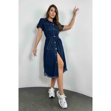 Sagi Jeans Kadın Kuşaklı Kısa Kollu Eteği Yırtıklı Midi Boy Kot Elbise