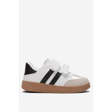 Liger Cırtlı Hafif Çocuk Spor Ayakkabı Beyaz - Siyah Suni Deri Kauçuk Taban