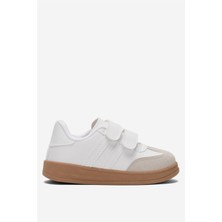 Liger Unisex Cırtlı Hafif Çocuk Spor Ayakkabı Beyaz Suni Deri Kauçuk Taban Düz Topuk