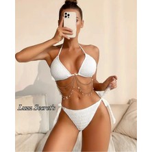 Zincir & Taş Aksesuarlı Beyaz Luxury Desıgn Bıkını Seti