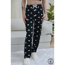 Siyah Kalp Desenli Uzun Kadın Pijama Altı