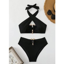 Black Çapraz Tasarım 2025 Desıgn Yüksek Bel Gold Aksesuar Detaylı Luxury Bikini