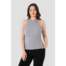 Kadın Pamuklu Fitilli Görünümlü Halter Yaka Basic Gri Atlet