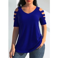 Kadın Kısa Kollu Kollar Şerit Detay V Yaka Viskon Bluz