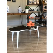 Faw Decor Aynalı Ahşap Beyaz Orta Sehpa Doğal Ağaç Ayaklı Modern Cam Tablalı Orta Sehpa