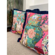 Maymun Desenli Çift Taraflı Saçaklı 2li Dekoratif Kırlent Kılıfı Seti - 43X43CM- Kırlent Kılıfı Seti