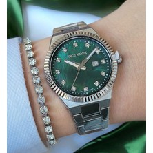 Takvimli Swarovski Taşlı 5ATM Su Geçirmez Yeşil Sedef Kadran Çelik Kadın Kol Saati Bileklik Hediyeli