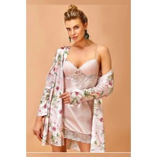 Nurteks 5352 Kadın Saten Desenli Kaplı Sabahlık Gecelik Takım-Pudra