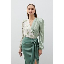 Çift Desenli Kruvaze Bodysuit Bluz - Çağla Yeşili