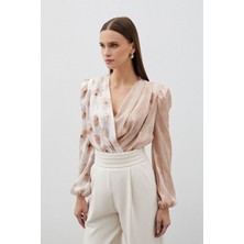 Çift Desenli Kruvaze Bodysuit Bluz - Vizon