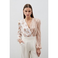 Çift Desenli Kruvaze Bodysuit Bluz - Vizon
