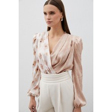 Çift Desenli Kruvaze Bodysuit Bluz - Vizon