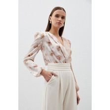Çift Desenli Kruvaze Bodysuit Bluz - Vizon