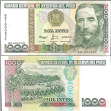 Banknoting Peru 1000 Intıs 28 Haziran 1988. Chımor Imparatorluğu Antik Chan Chan Kenti Temalı. Çil.