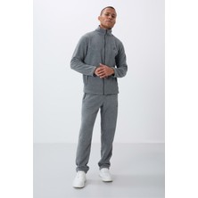 Tommy Life Gri Melanj Dik Yaka Basic Fermuar Cepli Standart Kalıp Erkek Polar Eşofman Takımı - 85193