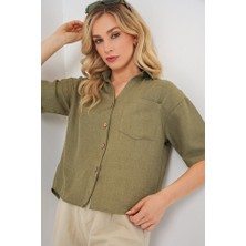 Arben Boutique Keten Görünümlü Crop Gömlek 20339 - Çağla