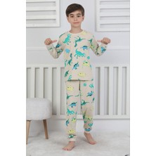 Isob Bej Dinozor Desenli %100 Pamuk Erkek Çocuk Kısa Kollu Pijama Takımı 3-8 Yaş 51302-B