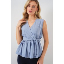 Arben Boutique Kruvaze Yaka Kolsuz Bluz 966 - Mavi