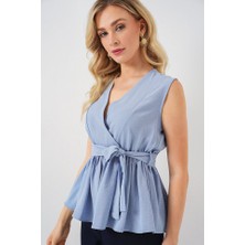 Arben Boutique Kruvaze Yaka Kolsuz Bluz 966 - Mavi