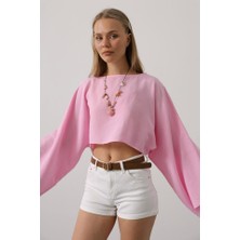 Supplierby Yarasa Kollu Crop Bluz - Pembe