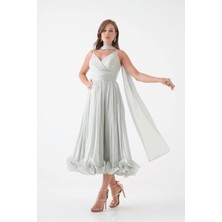 Kırinkıl Saten Kumaş Askılı Midi Boy Elbise - Mint Yeşili